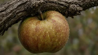 Maçã herança grande e madura ainda presa a galho retorcido de macieira velha, com gotas de orvalho na casca sob luz suave de jardim