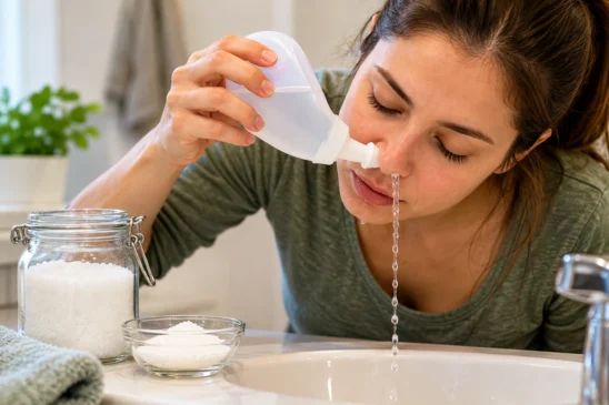 Mulher realiza lavagem nasal com solução salina usando um frasco de irrigação sobre a pia, com água escorrendo pela narina.