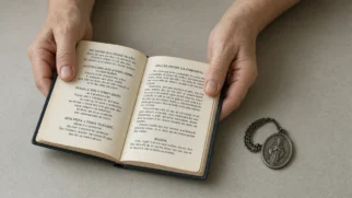 Mãos seguram livreto de missa e medalha religiosos sobre mesa