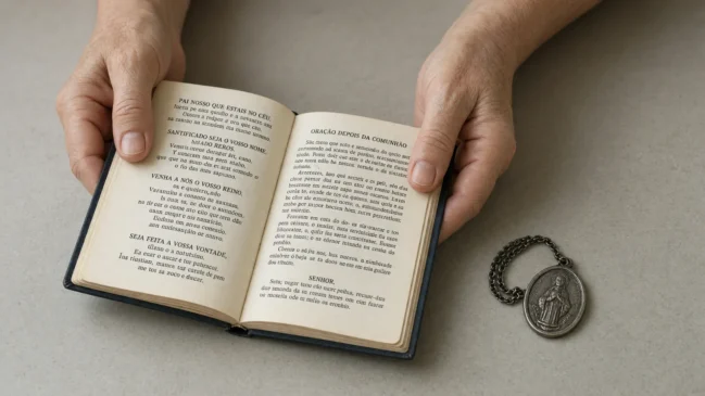 Mãos seguram livreto de missa e medalha religiosos sobre mesa