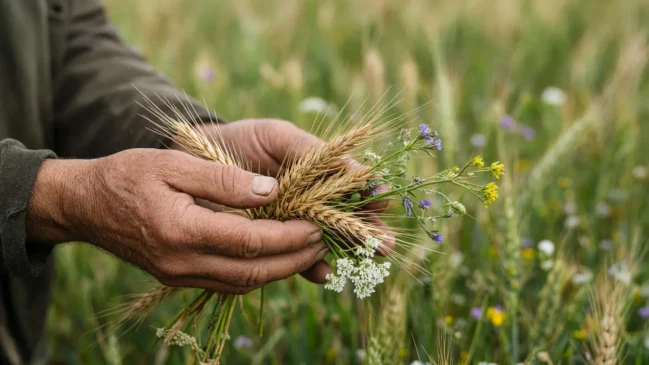 Mãos de agricultor seguram espigas de grão e flores silvestres em lavoura de fileiras largas