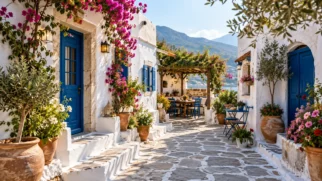 Quintal inspirado nas ilhas gregas, com casinhas brancas, portas azuis, caminhos de pedra, flores coloridas e espaço de convivência com pergolado.