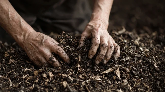 Mãos sem luva reviram composto úmido em jardim