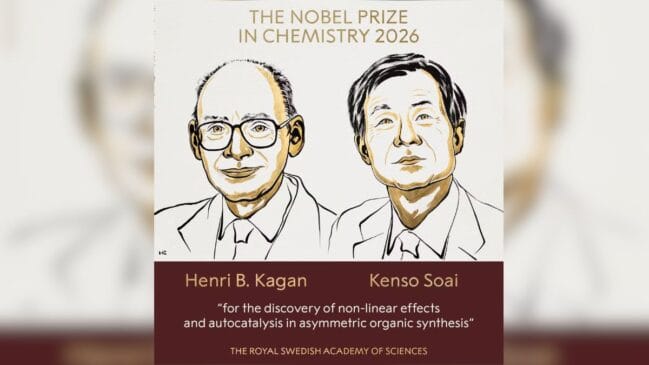 Ilustração gráfica oficial do Prémio Nobel da Química de 2026, exibindo os retratos ilustrados dos dois laureados, Henri B. Kagan e Kenso Soai, com o anúncio da descoberta de efeitos não lineares e autocatálise na síntese orgânica assimétrica