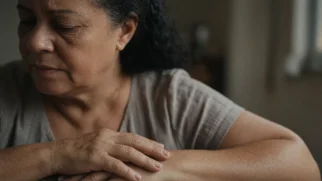 Enquadramento fechado do rosto e das mãos de uma mulher madura durante atendimento, luz lateral suave, clima documental de cuidado e envelhecimento feminino, sem elementos gráficos
