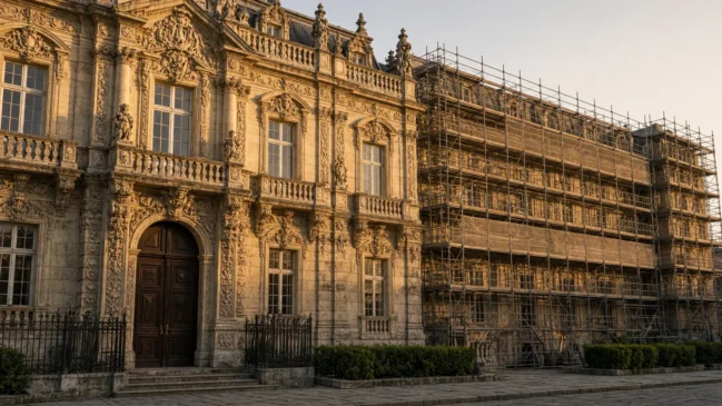 Fachada de palácio histórico em reforma na Baixa Silésia