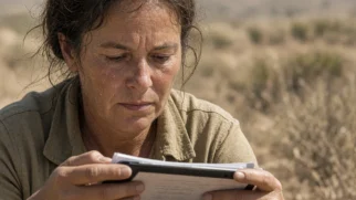 Pesquisadora de clima em close documental sob luz quente