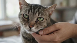 Gato em close recebe cuidado de petsitter em ambiente doméstico