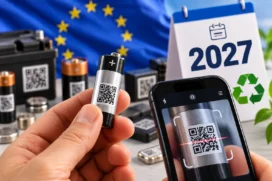 Pilha com QR Code sendo escaneada por celular, com bandeira da União Europeia, símbolo de reciclagem e referência a 2027 ao fundo.