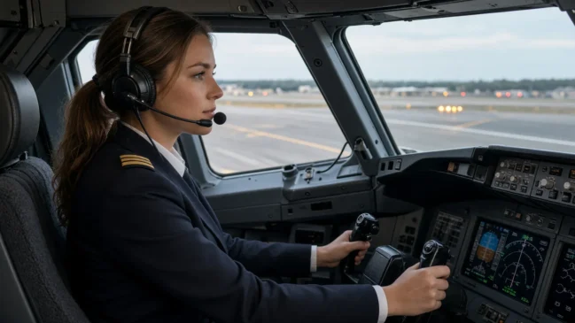 Piloto jovem da KLM na cabine de comando de um jato comercial