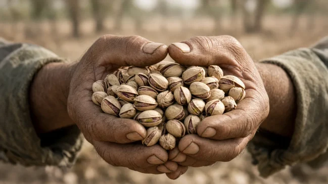 Mãos de agricultor com pistaches recém-colhidos sob luz de calor seco