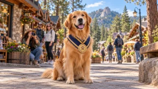 Golden retriever com faixa e medalha de prefeito honorário sentado no centro de uma vila montanhosa, cercado por turistas, lojas de madeira, pinheiros e montanhas ao fundo.