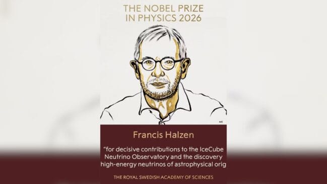 Ilustração gráfica oficial do Prémio Nobel da Física de 2026, exibindo o retrato ilustrado do laureado Francis Halzen e o anúncio das suas contribuições decisivas para o Observatório de Neutrinos IceCube e a descoberta de neutrinos de alta energia