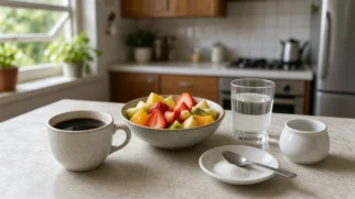 Café, fruta fresca e pouca quantidade de açúcar sobre mesa de cozinha