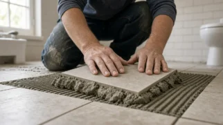 Detalhe em plano próximo de mãos posicionando peças de revestimento no chão de um banheiro compacto durante reforma rápida, com argamassa fresca e luz natural, sem elementos gráficos adicionados
