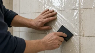 Mãos aplicando película de renovação sobre azulejos antigos de banheiro