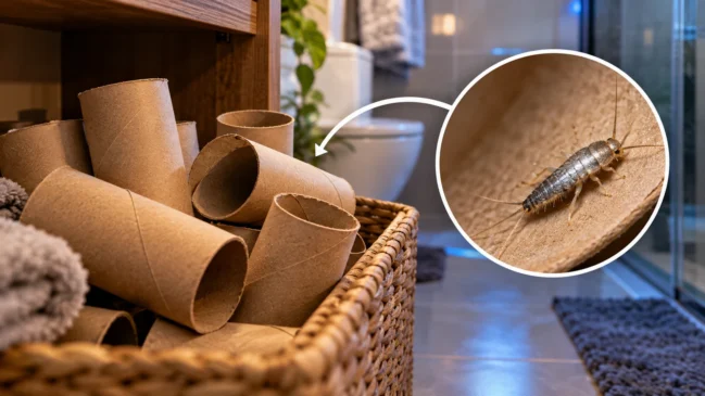 Rolos vazios de papel higiênico acumulados em cesto no banheiro, com destaque para uma traça-prateada sobre o papelão.
