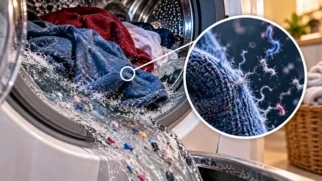 Roupas giram dentro de máquina de lavar enquanto fibras microscópicas se desprendem do tecido durante o ciclo de lavagem.