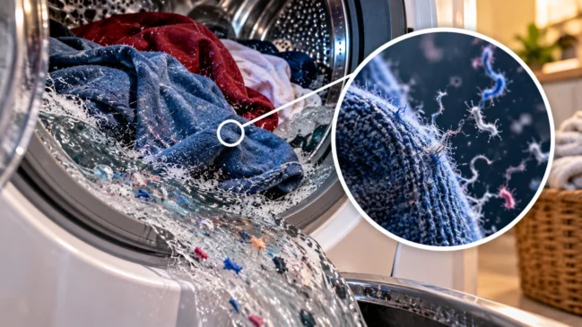 Roupas giram dentro de máquina de lavar enquanto fibras microscópicas se desprendem do tecido durante o ciclo de lavagem.