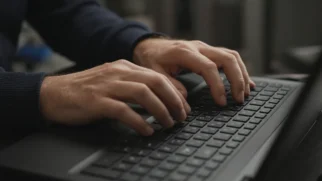 Mãos digitando em teclado de notebook após vazamento de dados por senha fraca