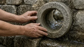 Encaixe circular de tubo de pedra de aqueduto romano sob luz natural
