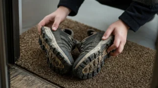 Mãos deixando sapatos de rua sobre tapete na entrada de uma casa