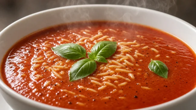 Tigela de sopa de tomate aveludada com macarrão fino e manjericão