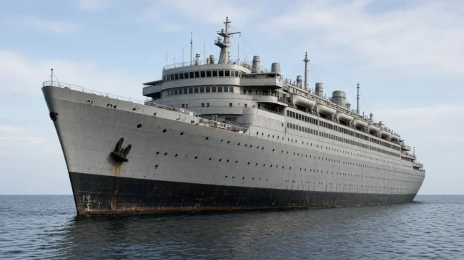 Casco do transatlântico SS United States visto de perfil no mar