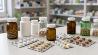 Frascos e cartelas de suplementos vitamínicos em balcão de farmácia