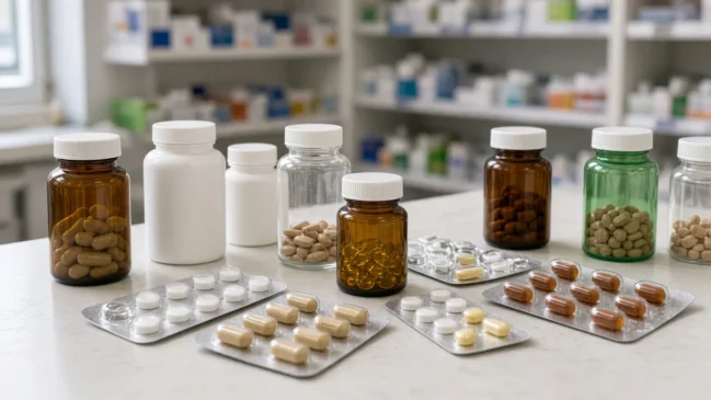 Frascos e cartelas de suplementos vitamínicos em balcão de farmácia