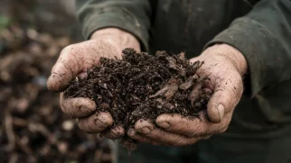 Mãos segurando terra de folhas escura e friável obtida de folhas decompostas