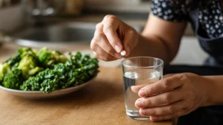 Mãos de mulher com comprimido de reposição tireoidiana e água na mesa da cozinha