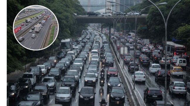 Veículos circulam por via movimentada durante o trânsito em São Paulo