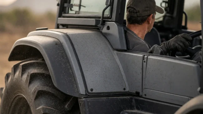 Trator elétrico de nova geração em detalhe próximo na fazenda