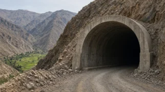 Boca do túnel transandino de Olmos na cordilheira com faixa irrigada ao fundo no deserto peruano