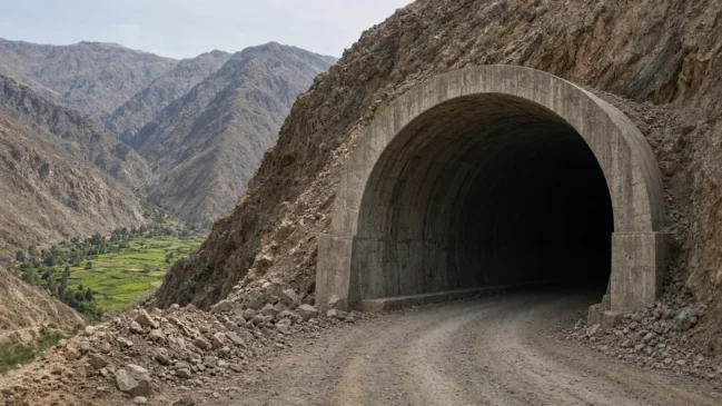 Boca do túnel transandino de Olmos na cordilheira com faixa irrigada ao fundo no deserto peruano