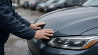 Detalhe de carro Volkswagen e mãos de trabalhador em pátio de embarque