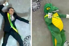 Rosas de Ouro faz 'Bolsonaro' tomar vacina no desfile em SP