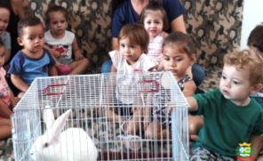 Alunos de uma creche da cidade receberam também a visita de um coelho