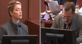 Johnny Depp e Amber Heard em sessão do julgamento
