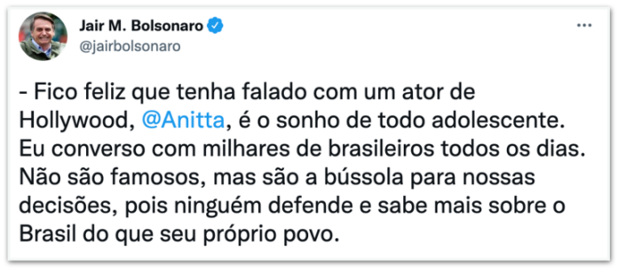 Resposta de Bolsonaro para Anitta