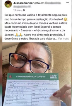 Jussara Sonner exibiu nas redes sociais cartão que comprova a terceira dose da vacina tomada por ela em Guarulhos, na Grande SP.