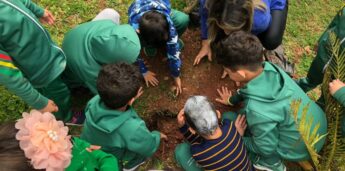 Estudantes em ação de plantio no Dia da Árvore em Embu das Artes.