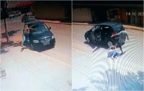 Nas imagens é possível ver que a vítima caminhava pela calçada quando um carro, em alta velocidade, avança e a atinge a vítima