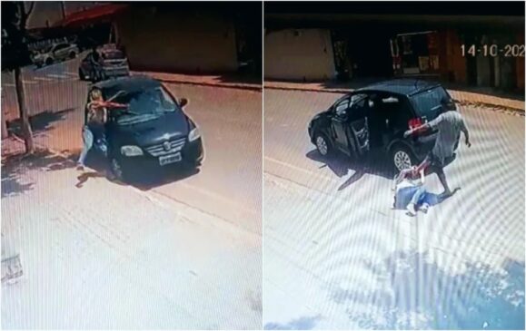 Nas imagens é possível ver que a vítima caminhava pela calçada quando um carro, em alta velocidade, avança e a atinge a vítima