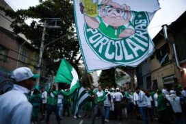 Torcedores palmeirenses comemoram no entorno do Allianz Parque o décimo primeiro título do Brasileirão brasileiro do Palmeiras