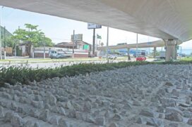 Sob o viaduto de entrada de Santos, Prefeitura colocou pedras para evitar a ocupação; Administração nega objetivo da iniciativa