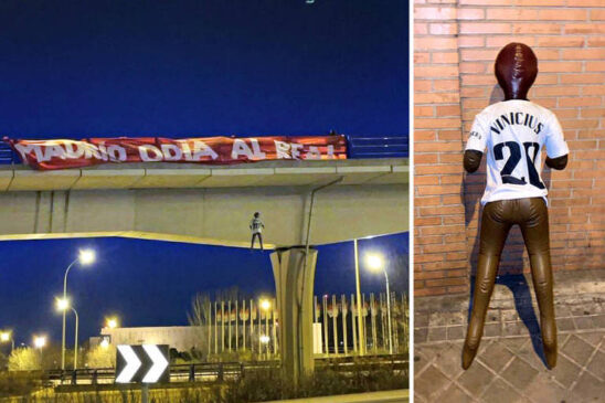 Faixa estendida com boneco em alusão a Vini Jr; criminosos são procurados por racismo