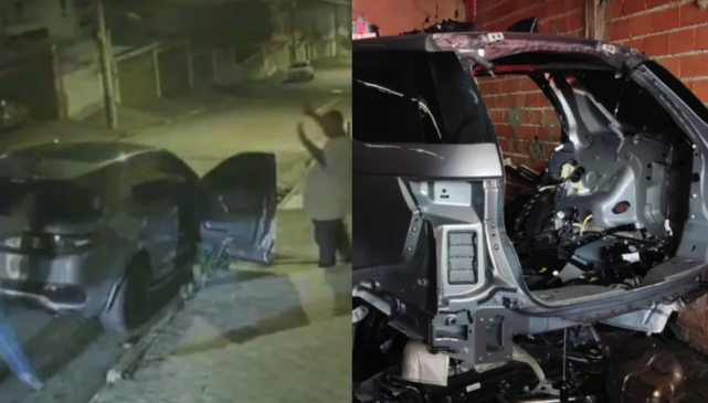 Carro filmado durante o assalto e ao lado o carro encontrado já desmontado pela polícia