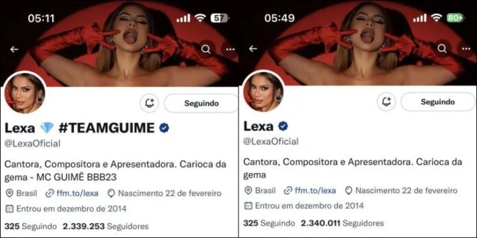Em sua bio e seu nome no Twitter, a carioca removeu o trecho que demonstrava apoio ao marido com os dizeres "Team Guimê BBB23"